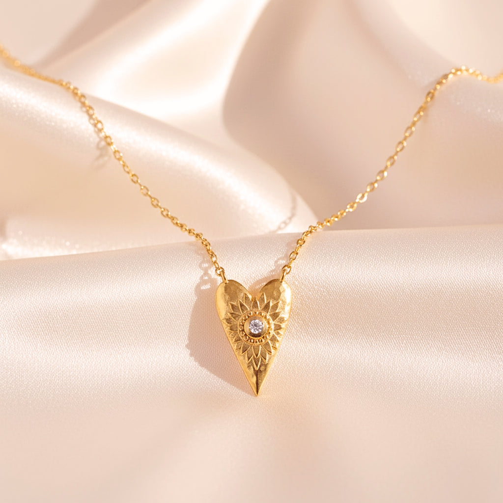 Women's Sunburst Heart Pendant Necklace - Gold PVD Stainless Steel