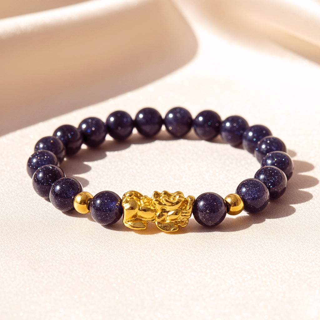 Pixiu Blue Crystal Bead Bracelet - Gold PVD Stainless Steel