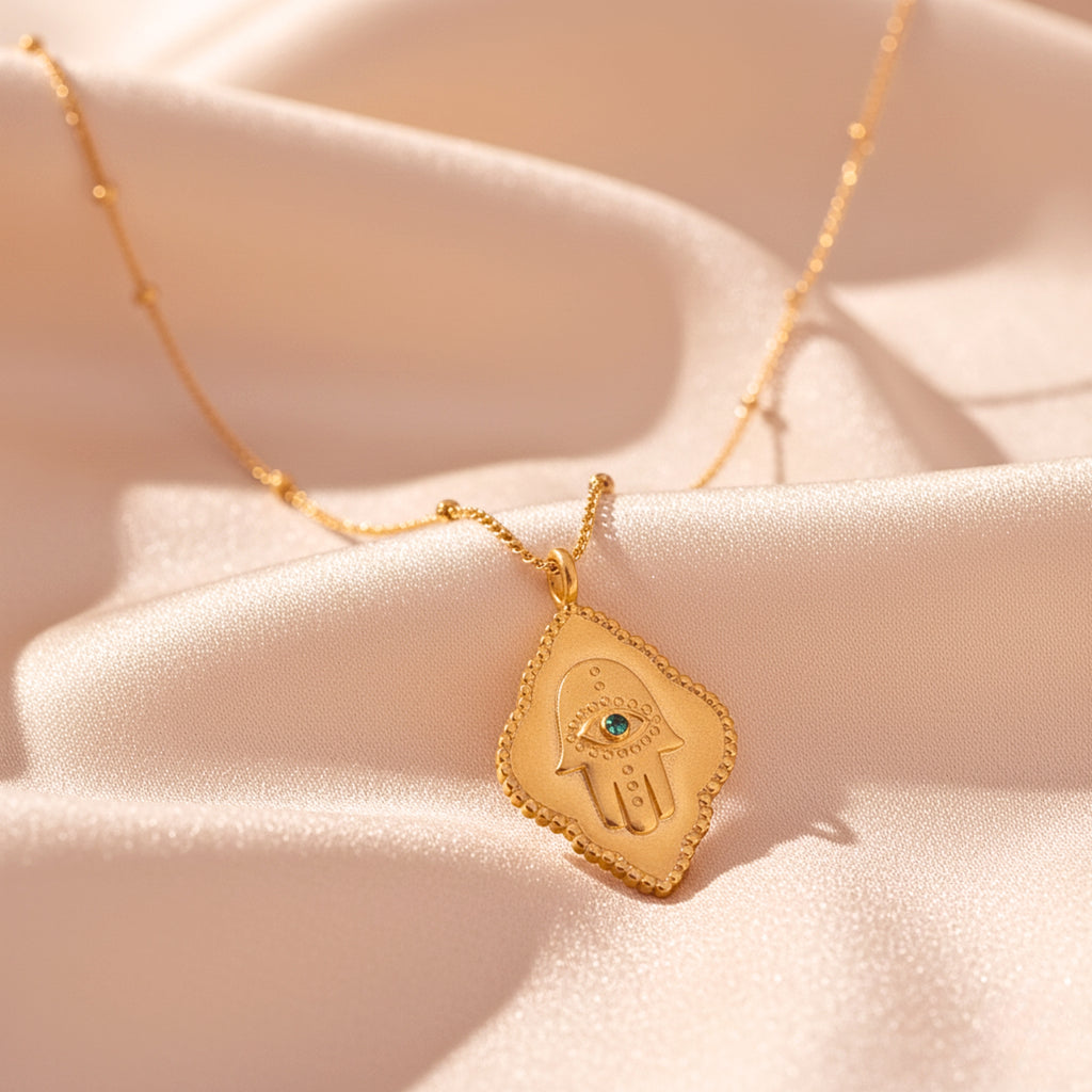 Women's Hamsa Hand Pendant Necklace, Green Cubic Zirconia, Gold PVD Stainless Steel