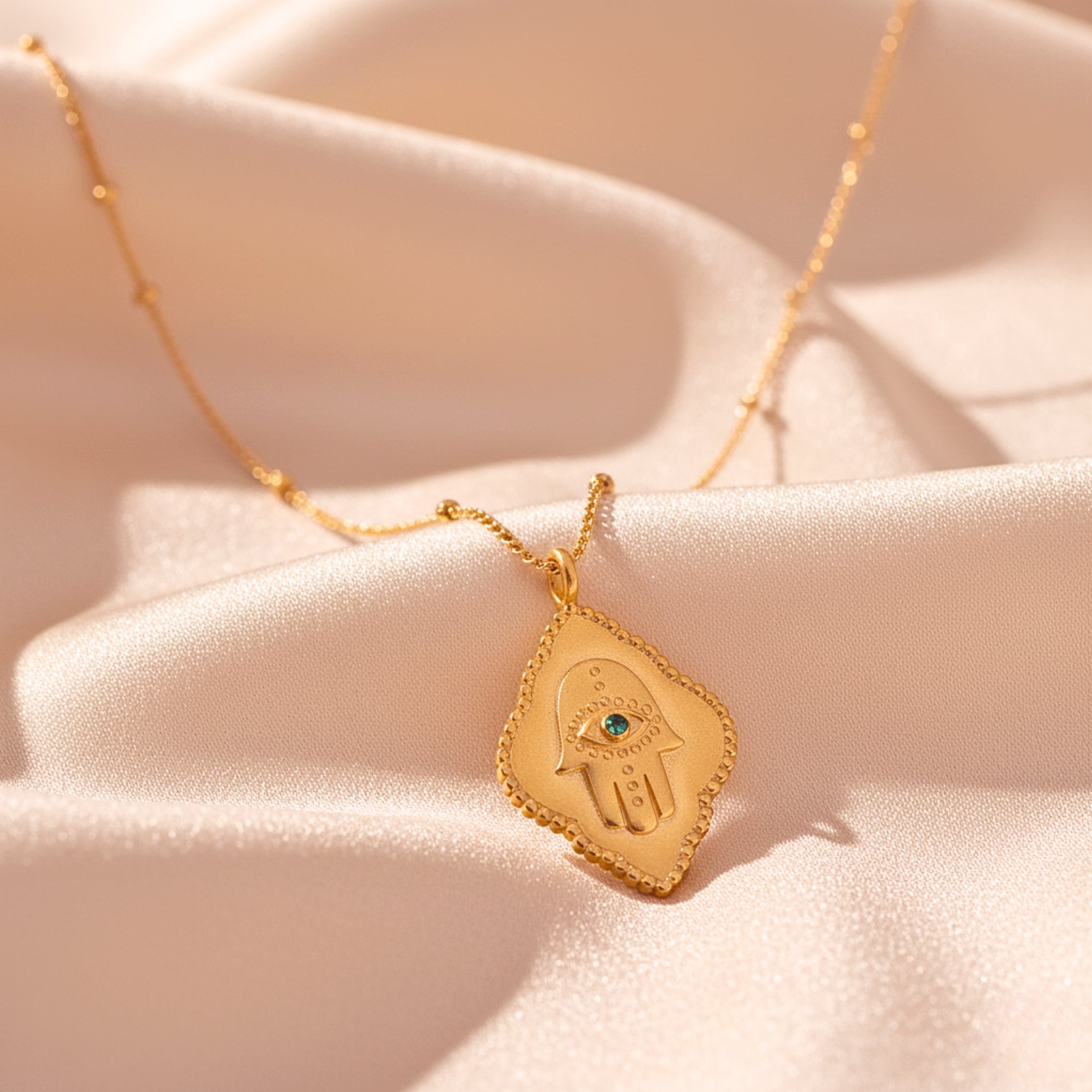 Women's Hamsa Hand Pendant Necklace, Green Cubic Zirconia, Gold PVD Stainless Steel