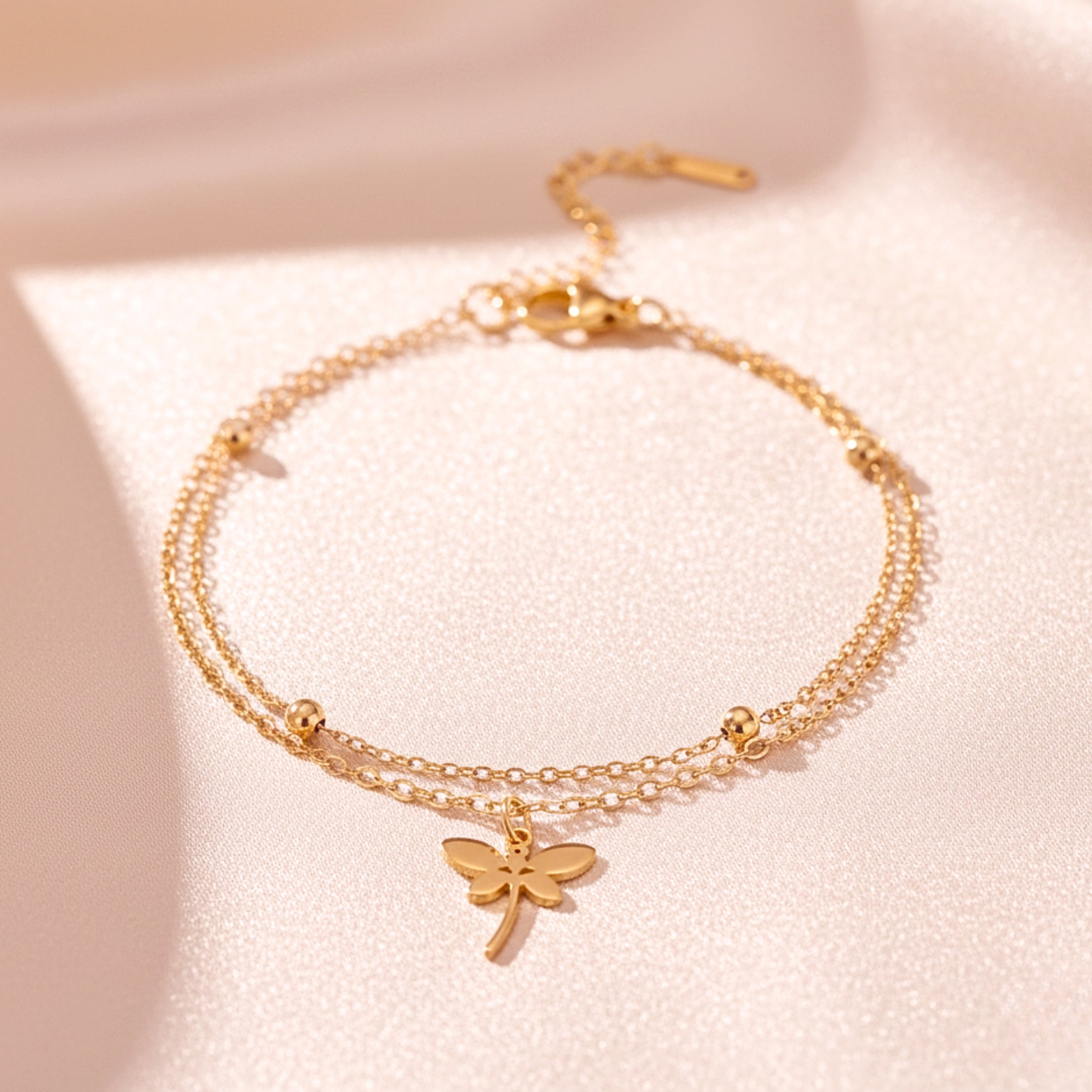 Silver Dragonfly Double Chain Charm Bracelet - Stainless Steel