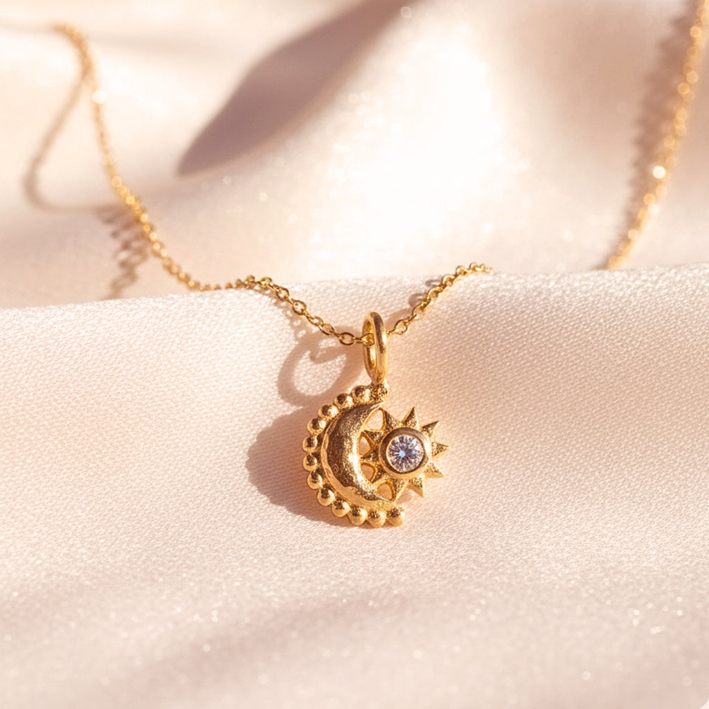 Women's Mini Crescent Moon & Star Pendant Necklace - Gold PVD Stainless Steel