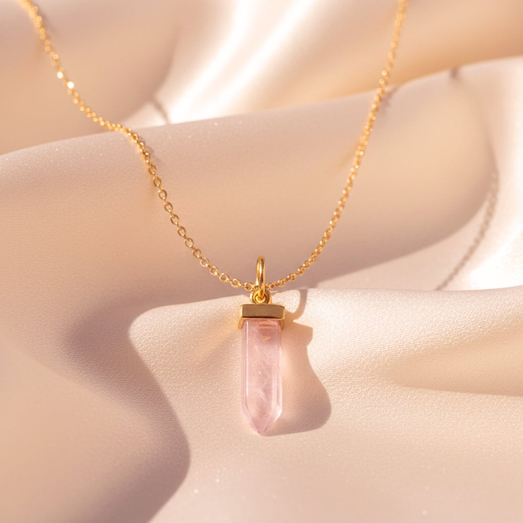 Rose Quartz Crystal Point Pendant Necklace - Gold PVD Stainless Steel