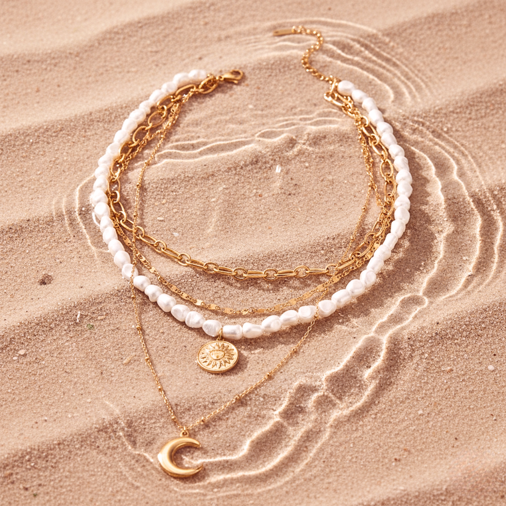 Celestial Sun & Moon Layered Necklace Set - Gold PVD Stainless Steel