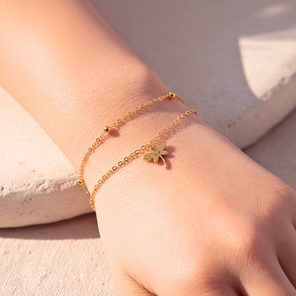 Silver Dragonfly Double Chain Charm Bracelet - Stainless Steel