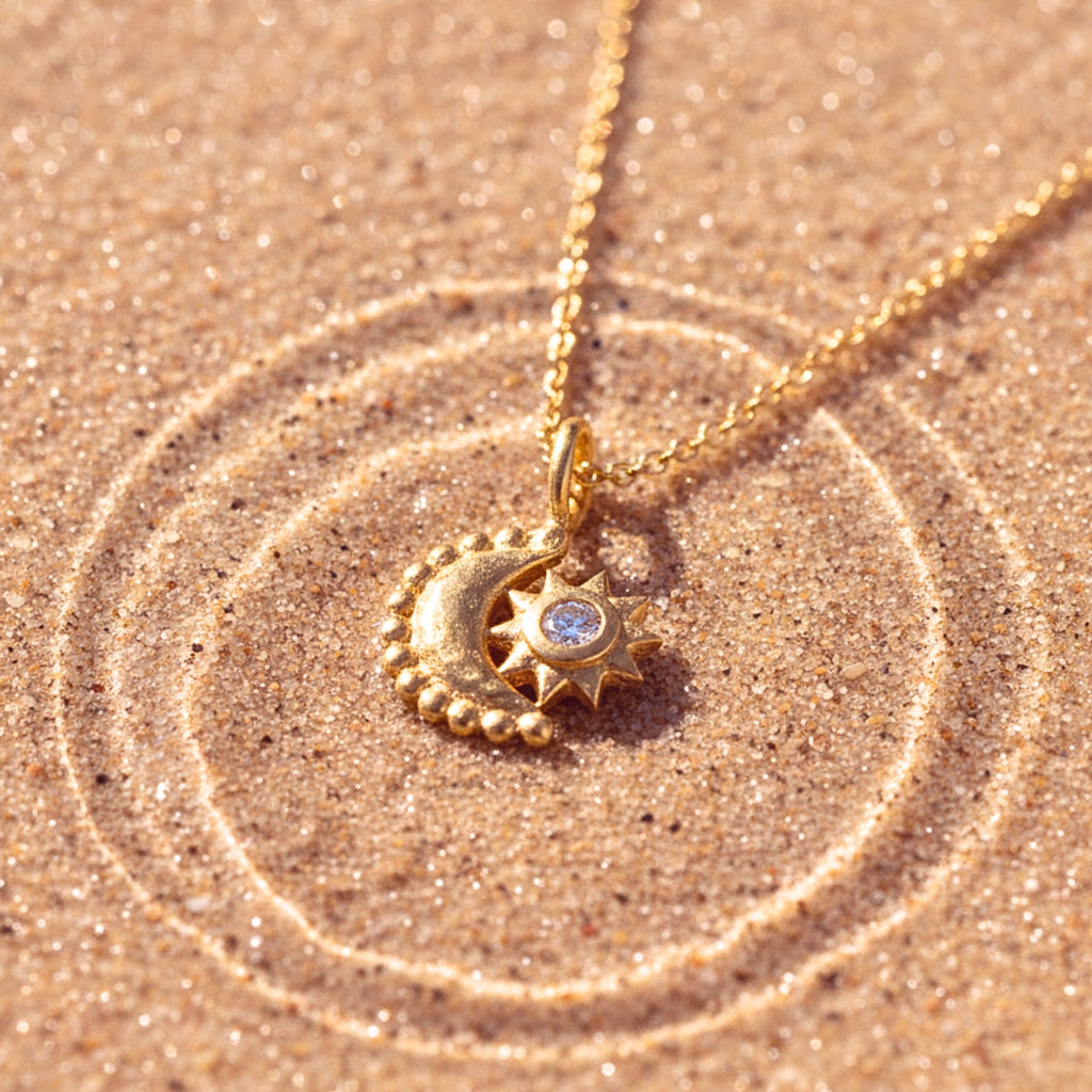 Women's Mini Crescent Moon & Star Pendant Necklace - Gold PVD Stainless Steel