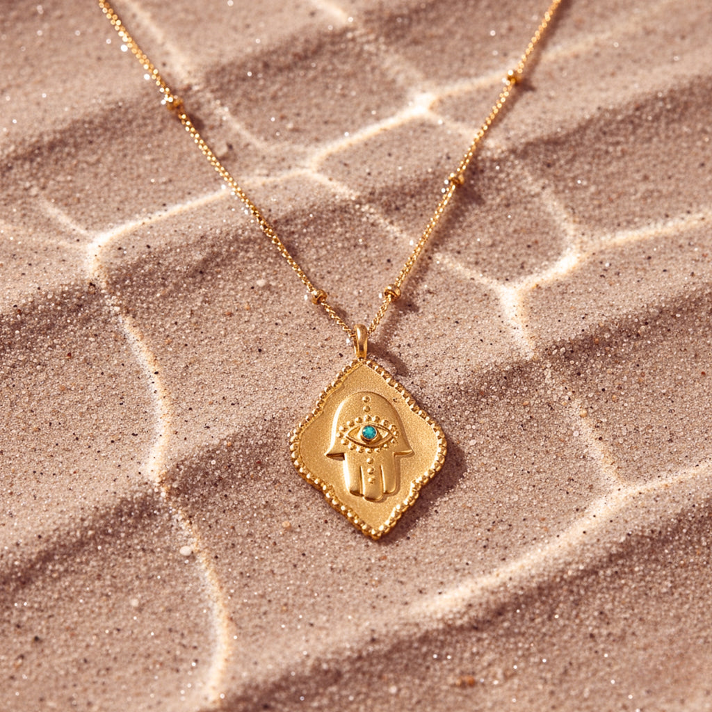 Women's Hamsa Hand Pendant Necklace, Green Cubic Zirconia, Gold PVD Stainless Steel