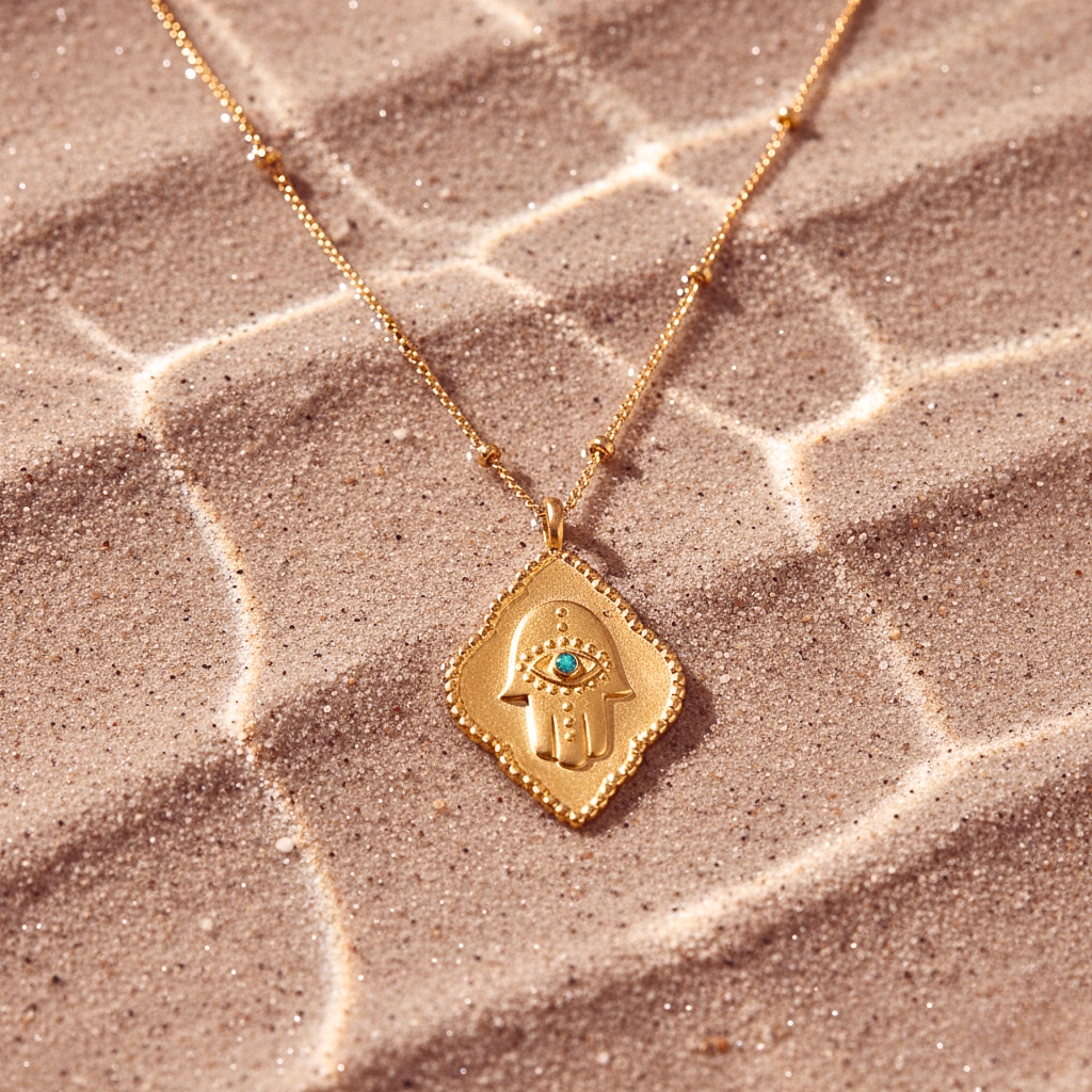 Women's Hamsa Hand Pendant Necklace, Green Cubic Zirconia, Gold PVD Stainless Steel