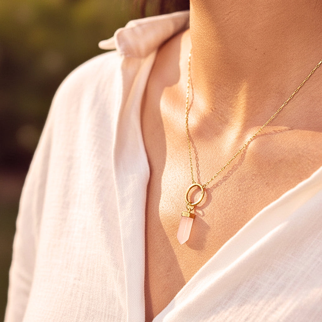 Rose Quartz Crystal Point Pendant Necklace - Gold PVD Stainless Steel