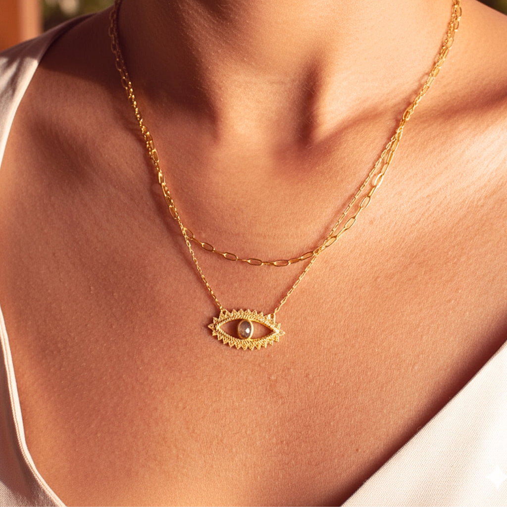 Radiant Evil Eye Crystal Pendant Necklace - Gold PVD Stainless Steel