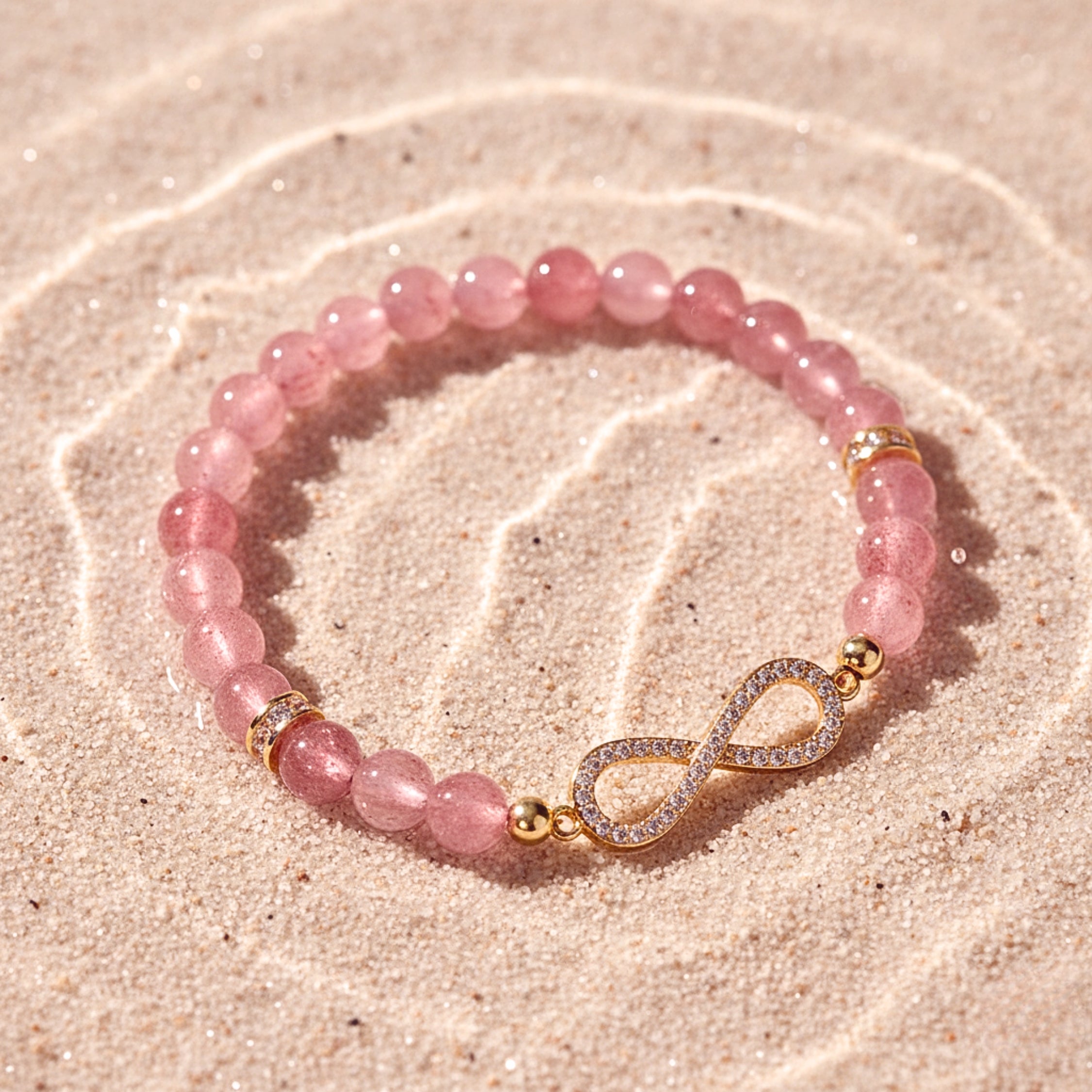 Infinity Pink Quartz Bead Bracelet - Gold PVD Stainless Steel