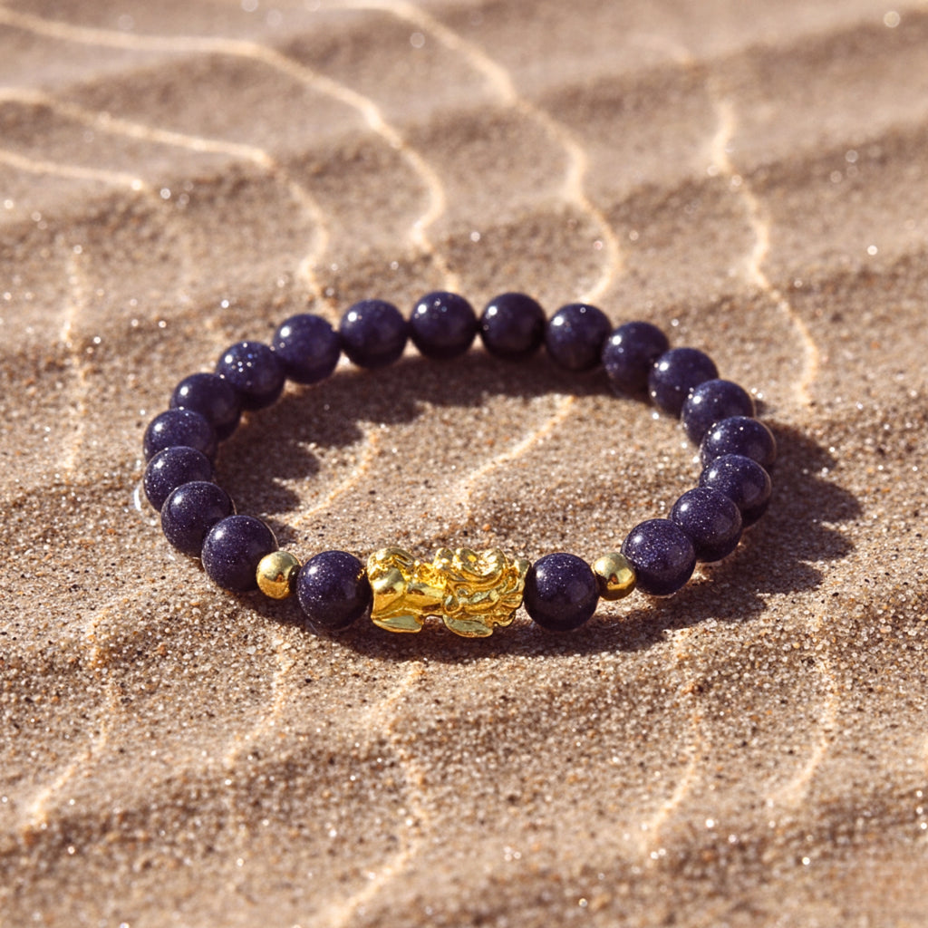Pixiu Blue Crystal Bead Bracelet - Gold PVD Stainless Steel