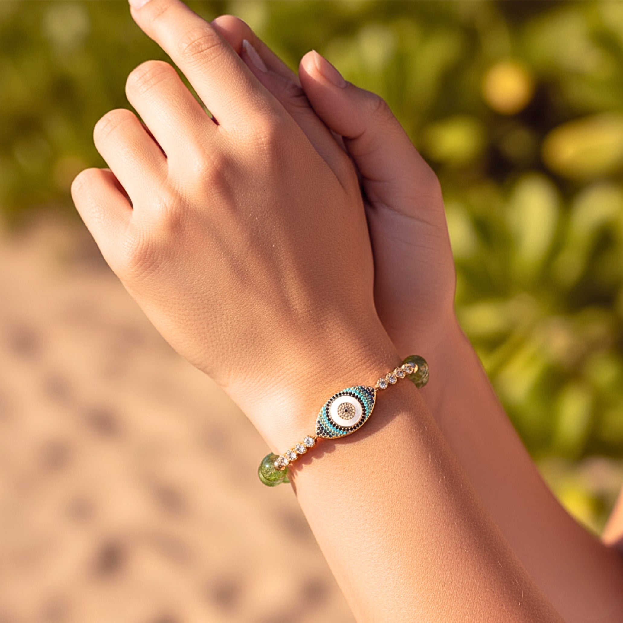 Evil Eye Green Quartz Bead Bracelet - Gold PVD Stainless Steel