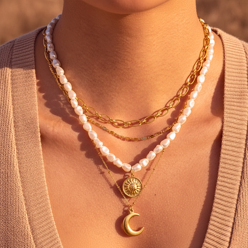 Celestial Sun & Moon Layered Necklace Set - Gold PVD Stainless Steel