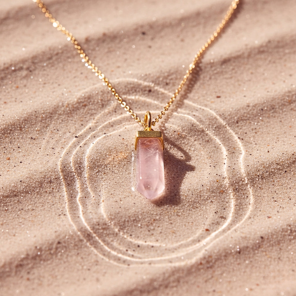 Rose Quartz Crystal Point Pendant Necklace - Gold PVD Stainless Steel