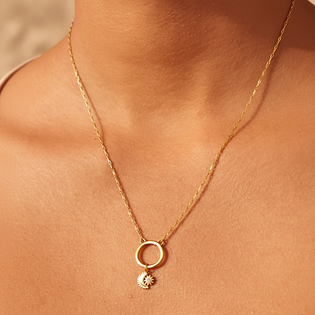 Women's Mini Crescent Moon & Star Pendant Necklace - Gold PVD Stainless Steel