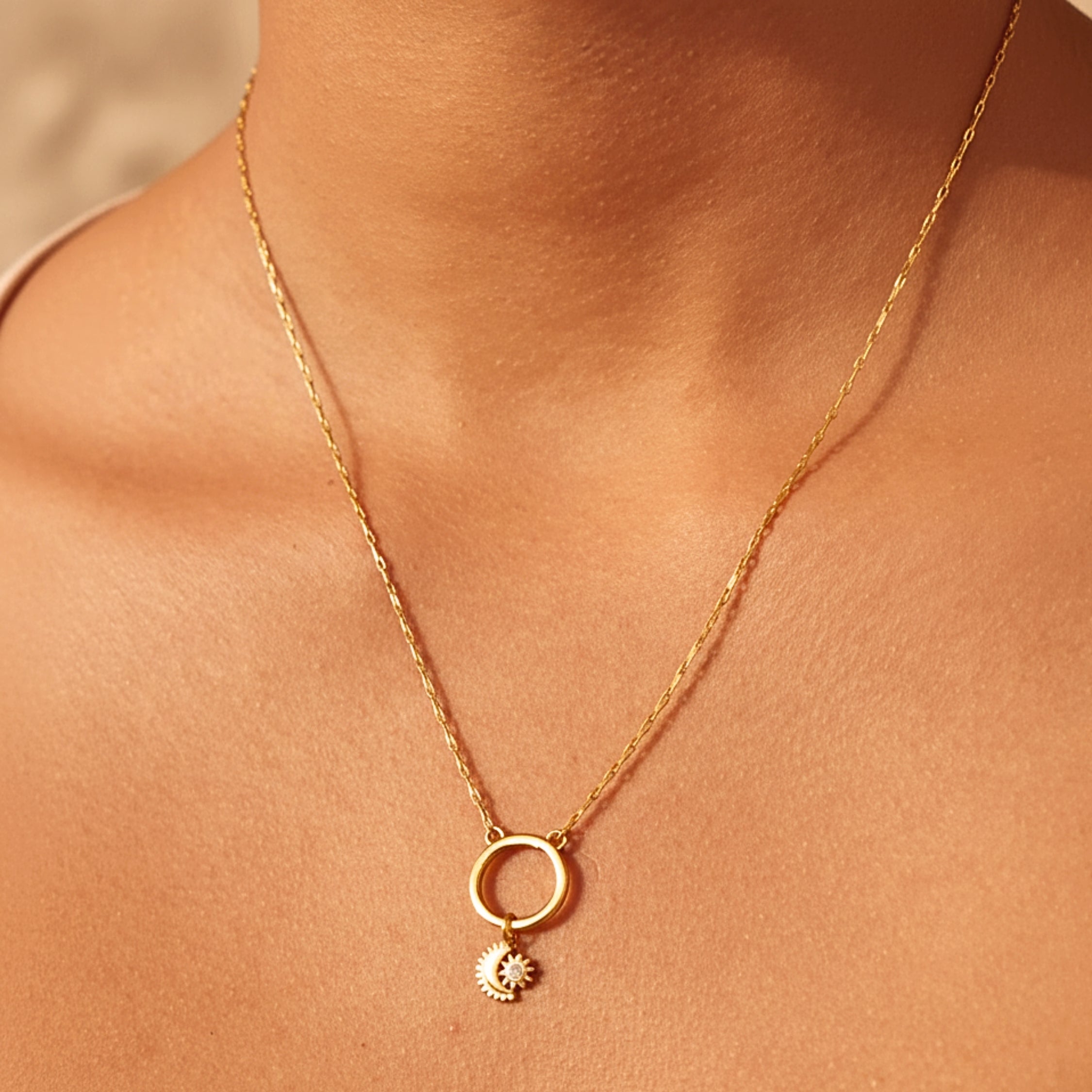 Women's Mini Crescent Moon & Star Pendant Necklace - Gold PVD Stainless Steel