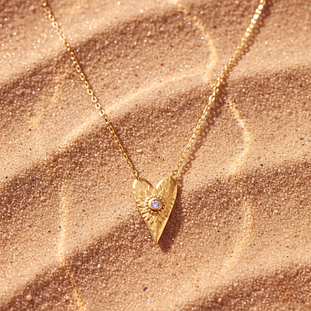 Women's Sunburst Heart Pendant Necklace - Gold PVD Stainless Steel