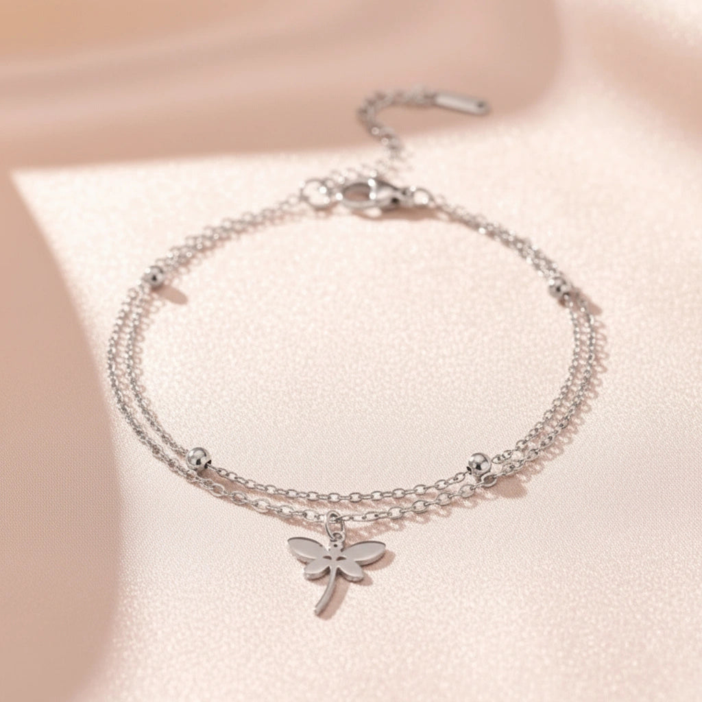 Silver Dragonfly Double Chain Charm Bracelet - Stainless Steel