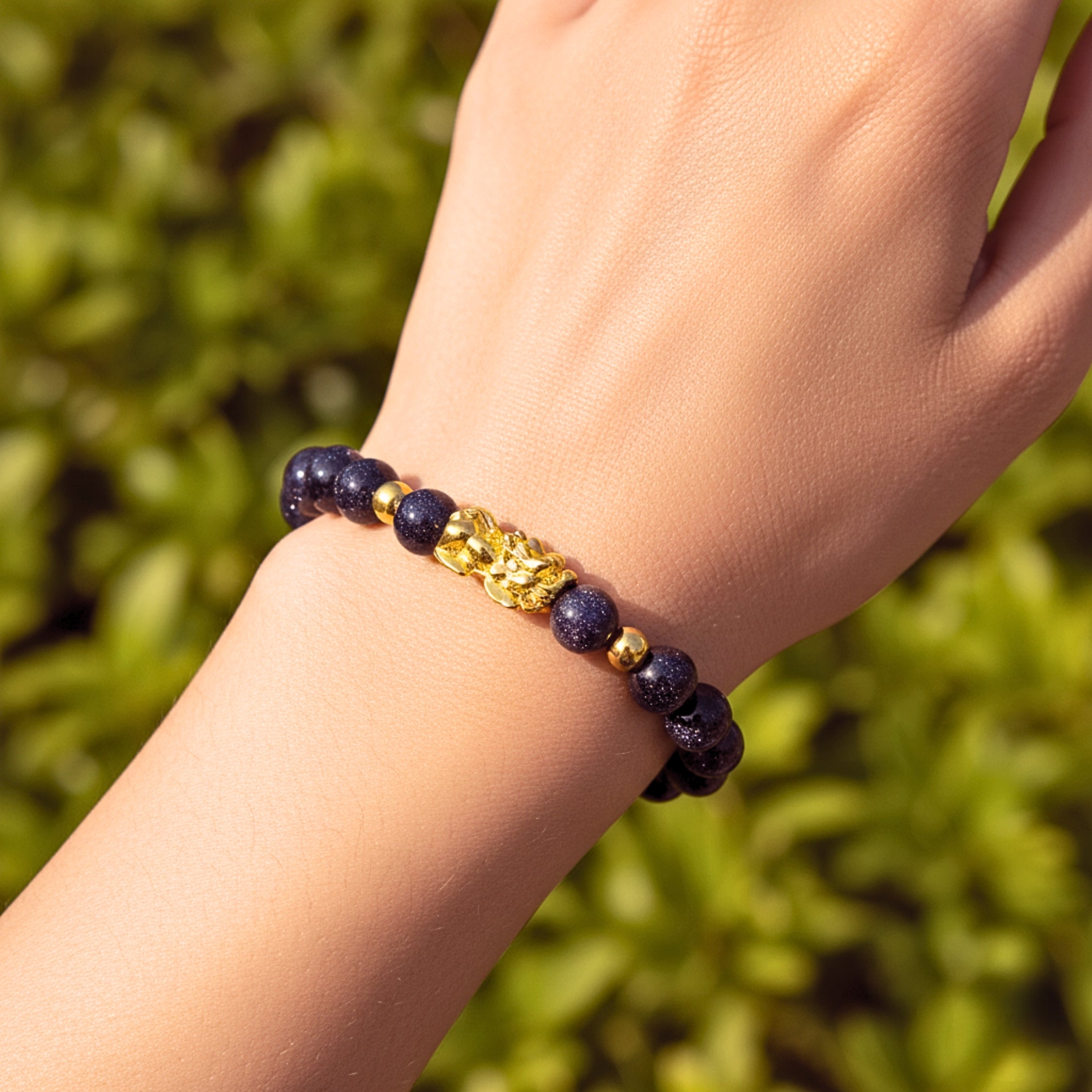 Pixiu Blue Crystal Bead Bracelet - Gold PVD Stainless Steel