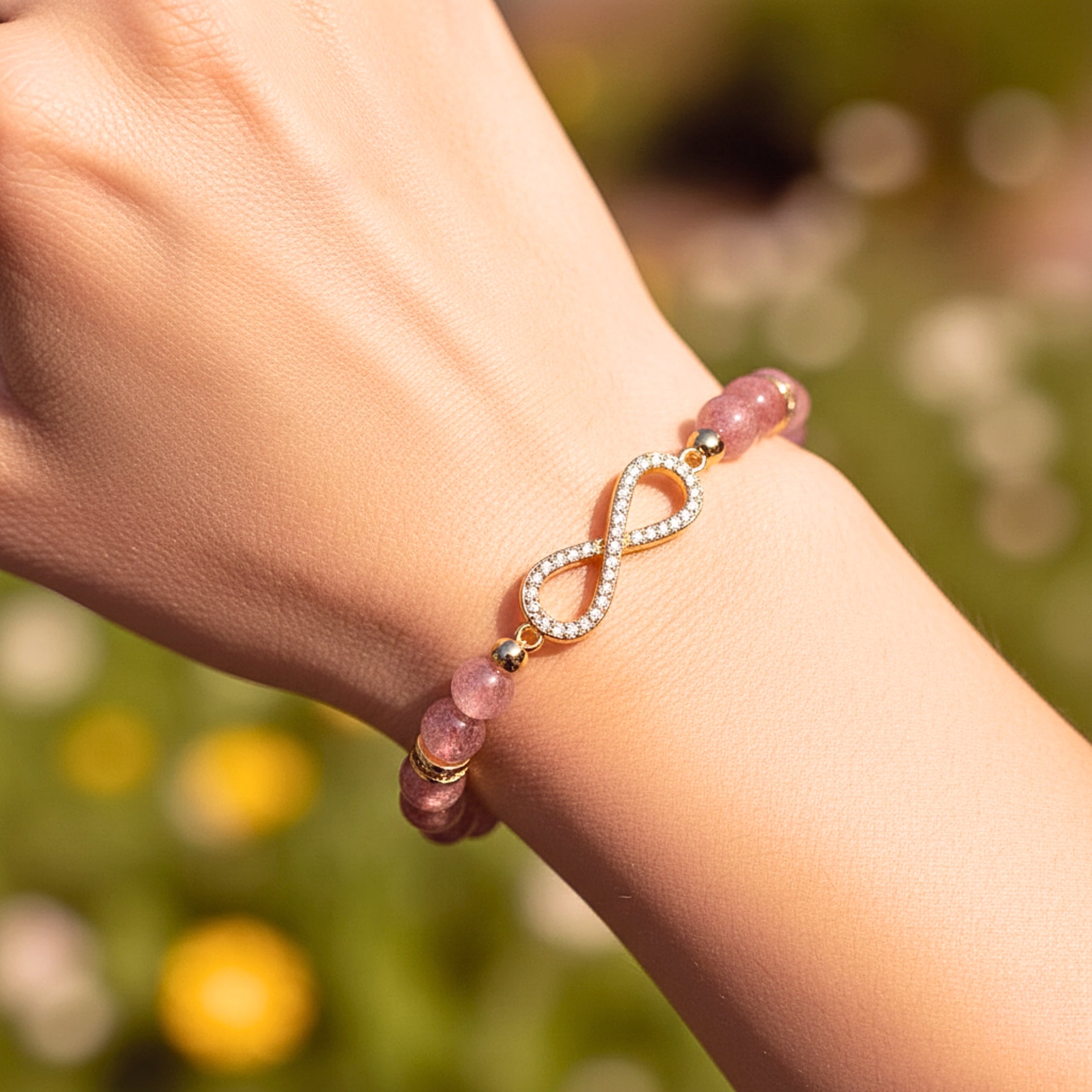 Infinity Pink Quartz Bead Bracelet - Gold PVD Stainless Steel