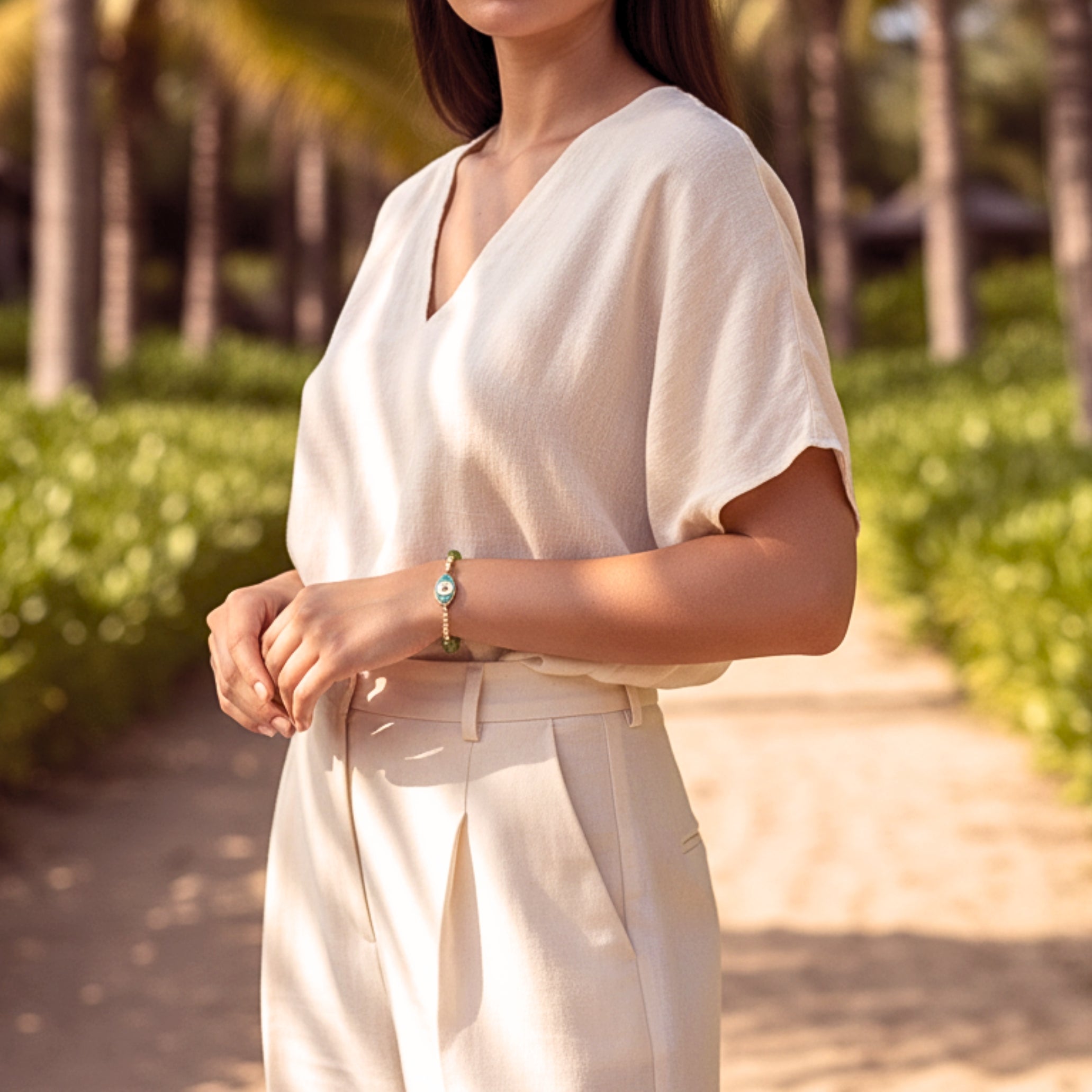 Evil Eye Green Quartz Bead Bracelet - Gold PVD Stainless Steel