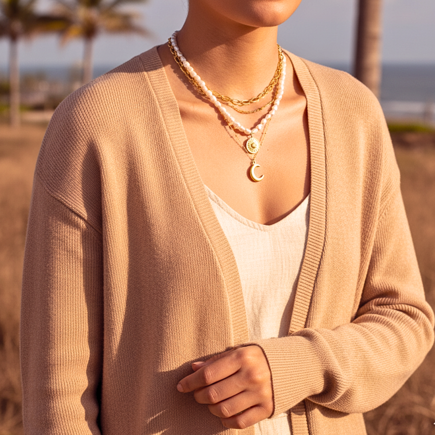 Celestial Sun & Moon Layered Necklace Set - Gold PVD Stainless Steel