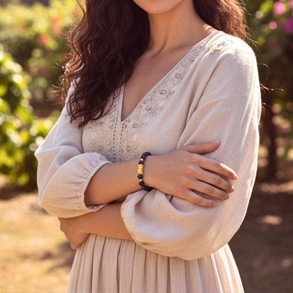 Pixiu Blue Crystal Bead Bracelet - Gold PVD Stainless Steel