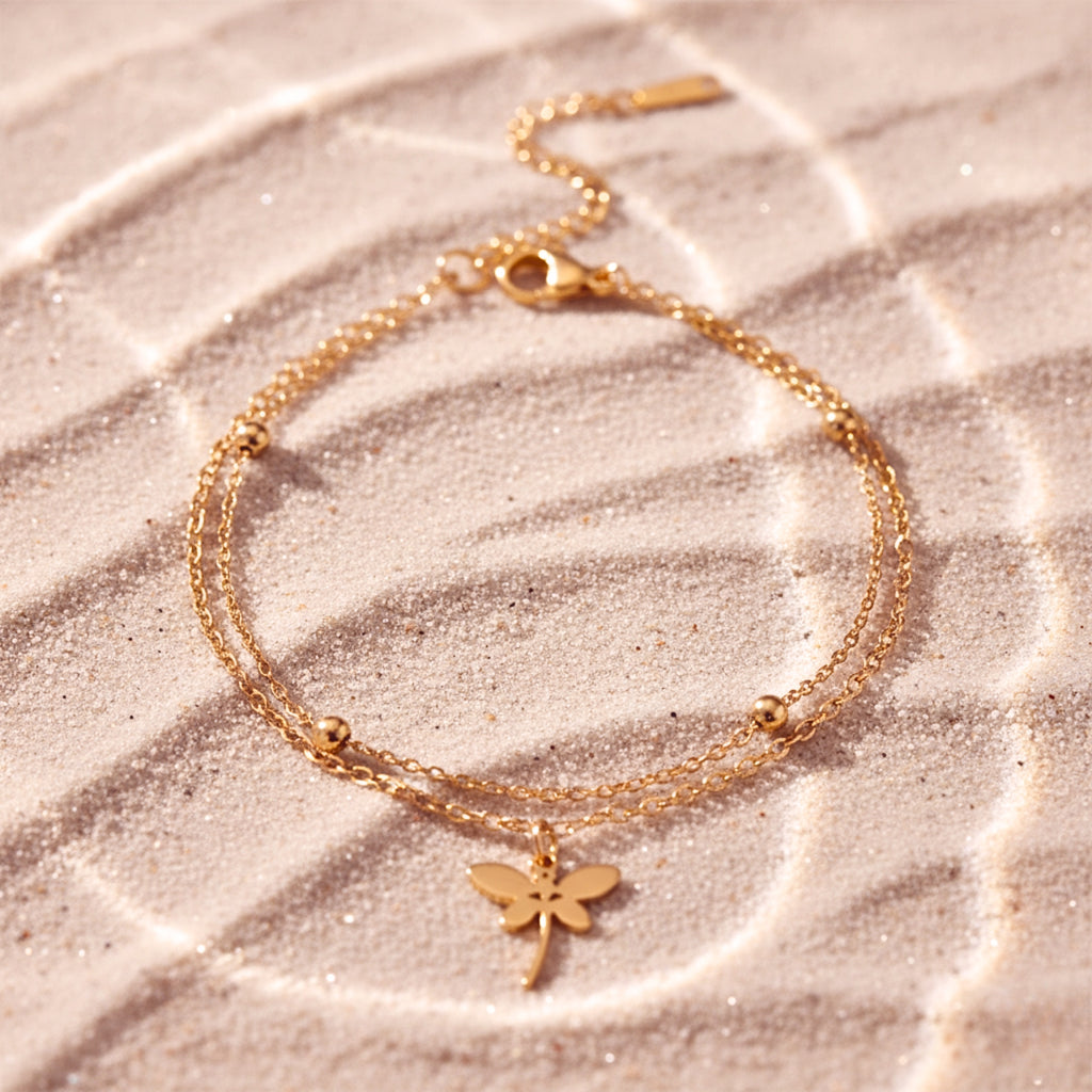 Silver Dragonfly Double Chain Charm Bracelet - Stainless Steel